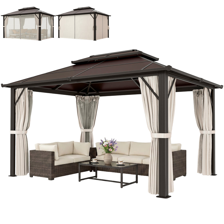 10' x 13' Beige Hardtop Gazebo with Double Polycarbonate Roof