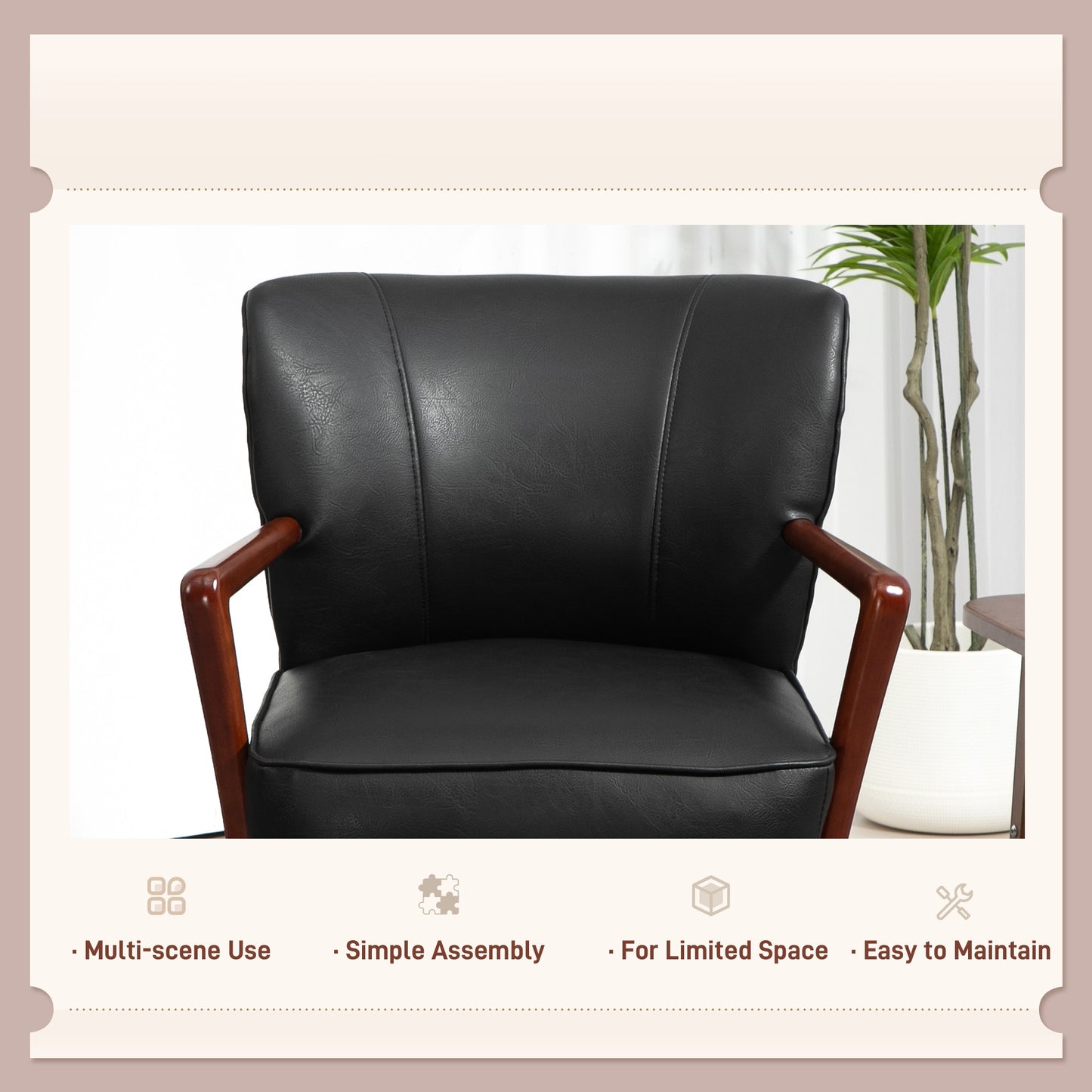 Accent Chair, Modern Armchair, Faux Leather Upholstered Living Room Chair with Wood Legs and Wide Padded Seat, Black