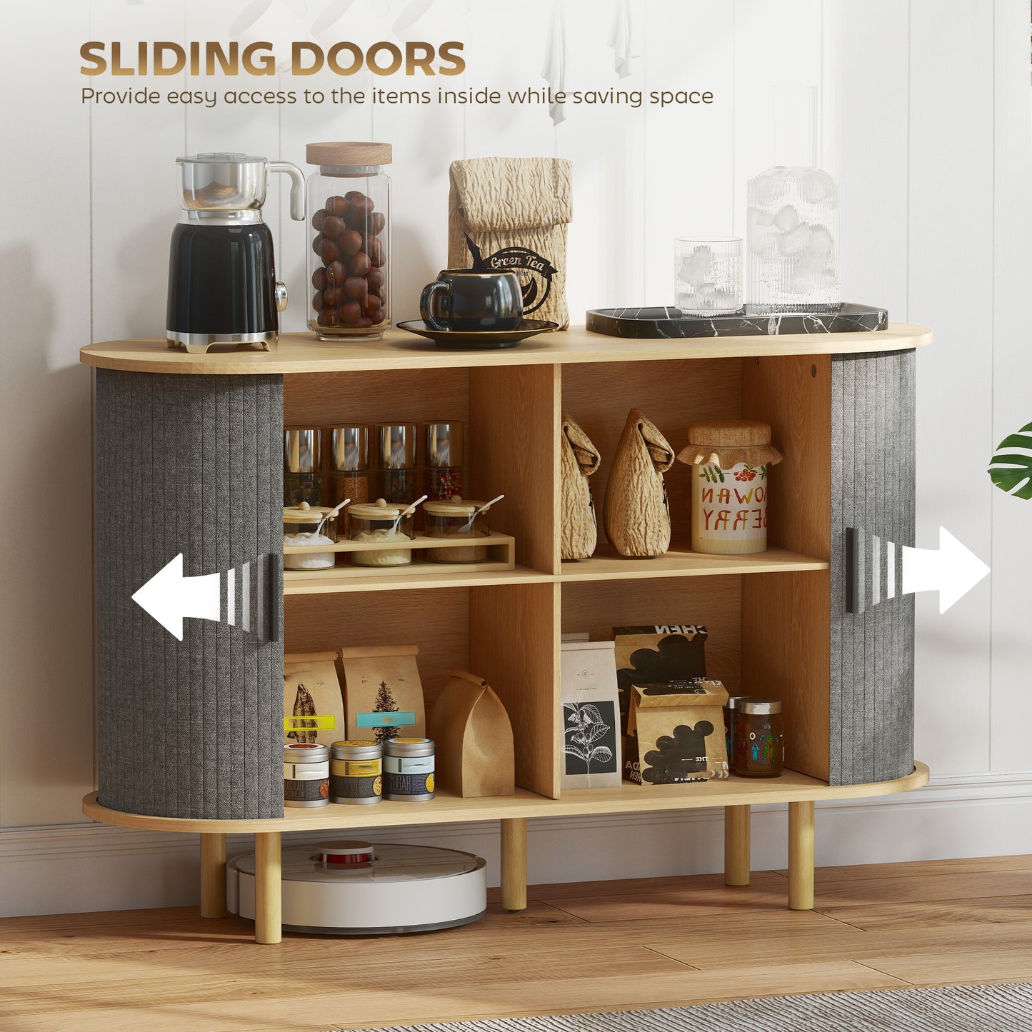 47" Buffet Cabinet with Tambour Sliding Doors, Fluted Sideboard with Storage Shelves and Wooden Legs, Grey