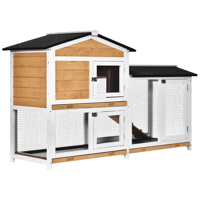 2-Tier Yellow Wood Rabbit Hutch with Ramp & Run