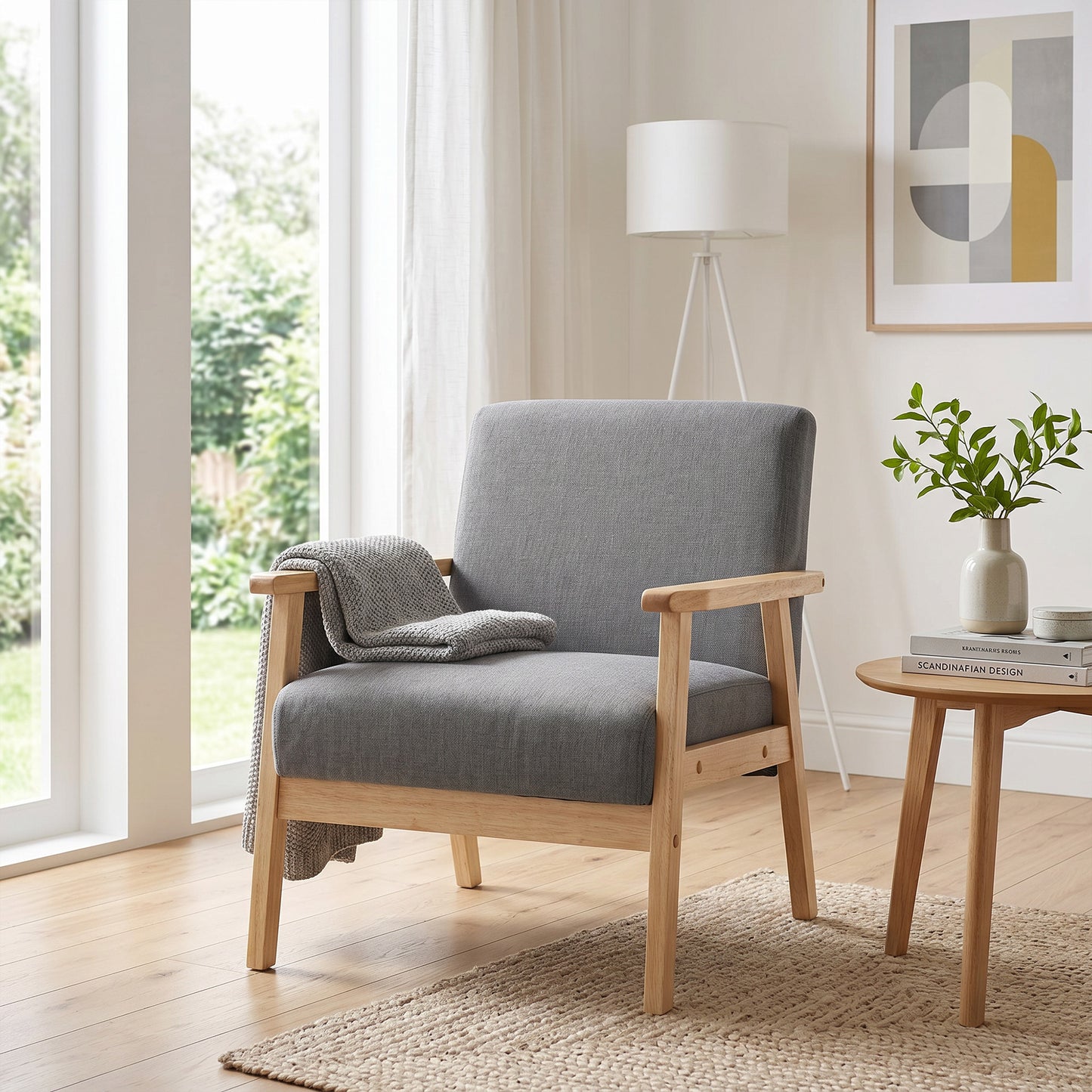 Minimalistic Accent Chairs Wood Frame w/ Thick Linen Cushions Wide Seat Armchair for Bedroom Office, Grey
