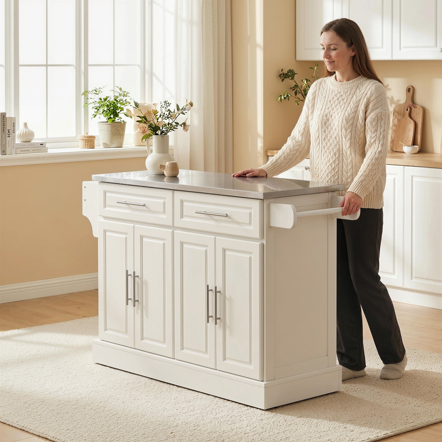 Rolling Kitchen Island with Storage and Stainless Steel Top, Kitchen Trolley with Drawers, Cabinets, Towel Rack, Cream