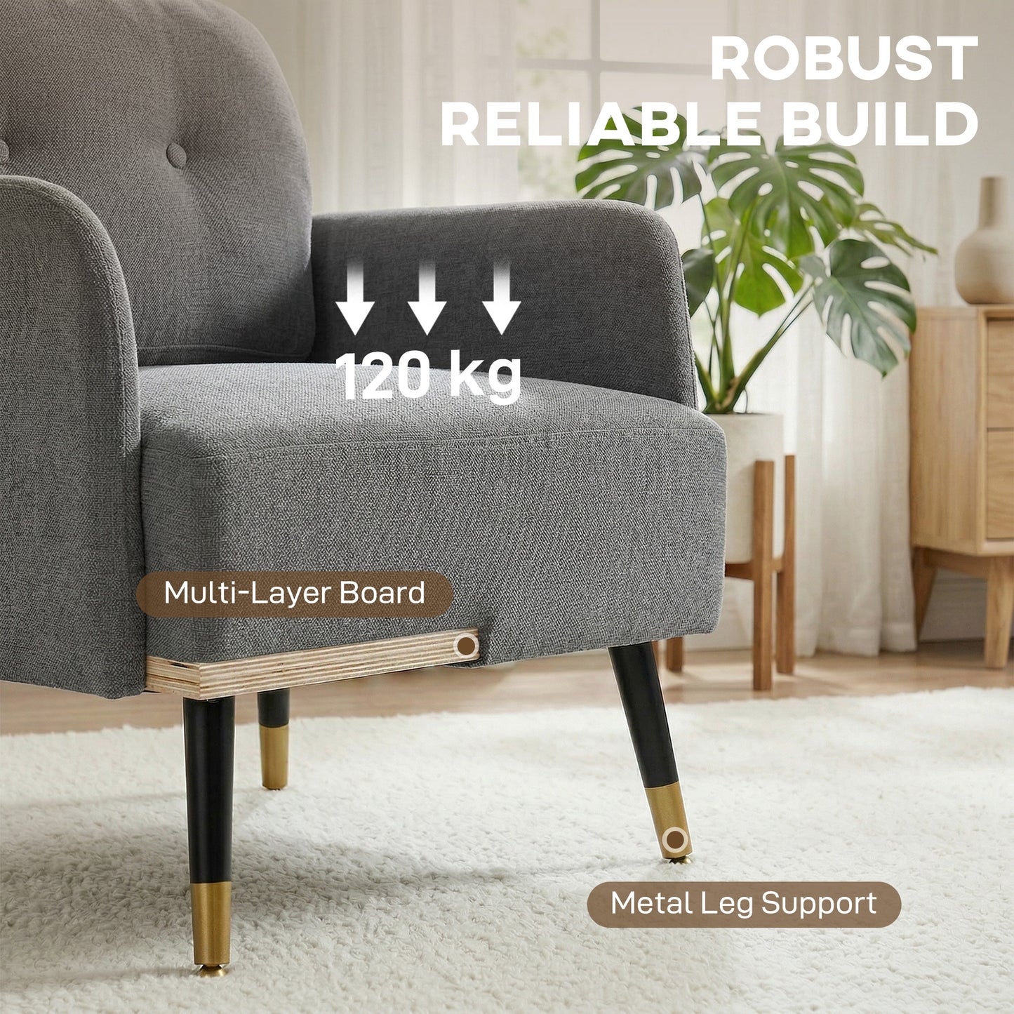 Accent Chair Modern Tufted with Metal Legs Upholstered Reading Armchair for Living Room Grey