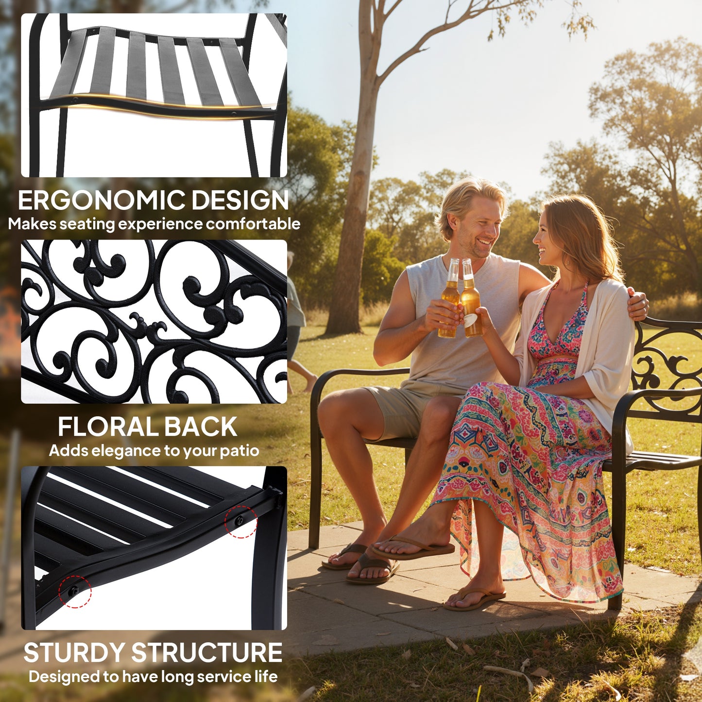 Garden Bench Outdoor Loveseat with Vintage Floral Pattern Cast Metal, 50" x 23.6" x 35", Black