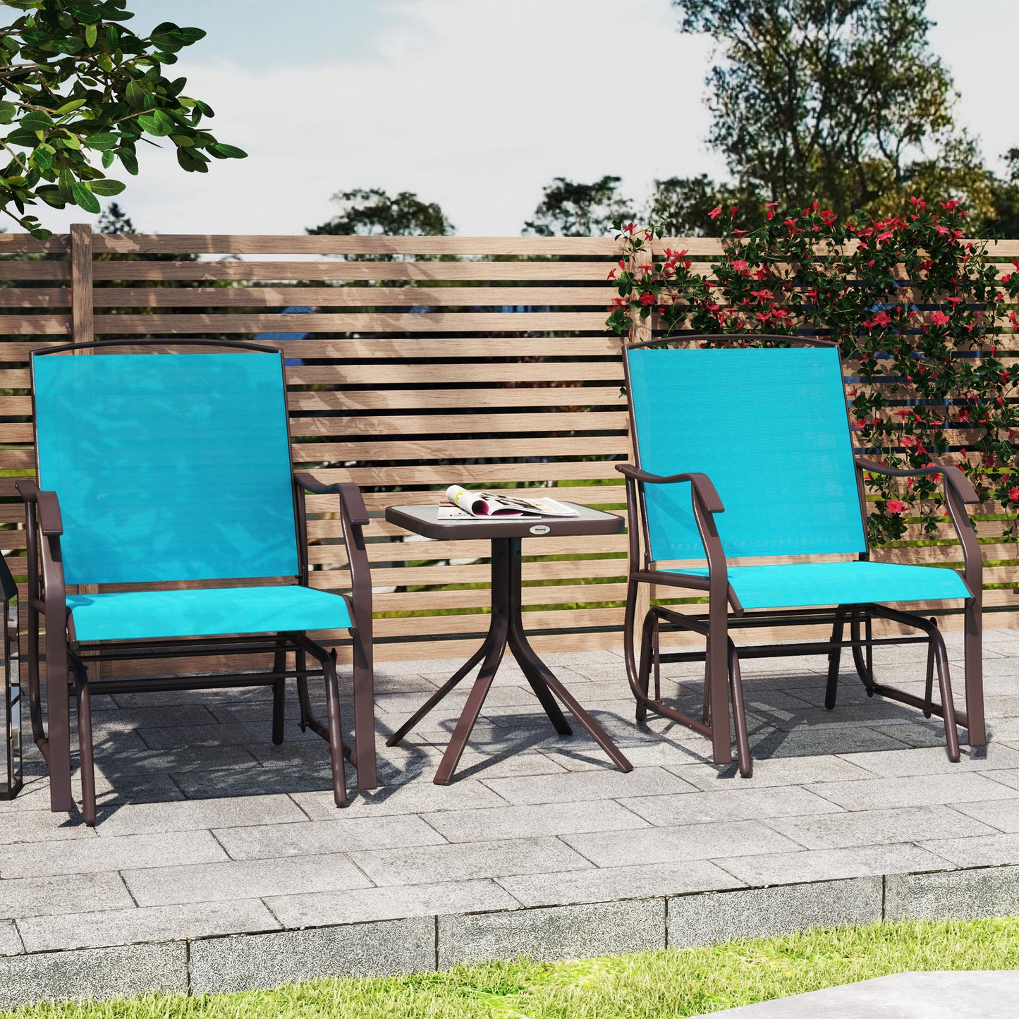 3 Piece Patio Glider Set Outdoor Gliders with Breathable Mesh Seat, Glass Top Table for Garden, Yard, Blue