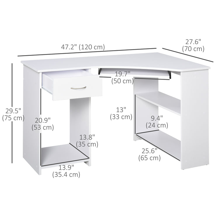 47" L-Shaped Computer Desk with Keyboard Tray - White