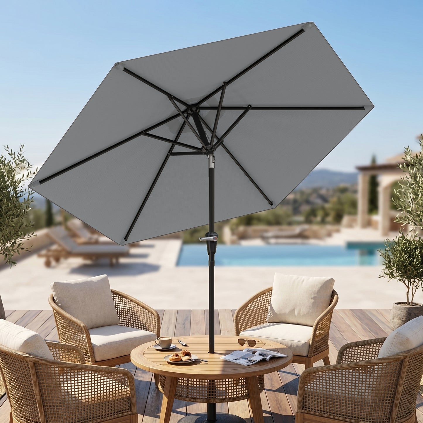 Patio Sun Umbrella, Outdoor Parasol with 6 Ribs, Light Grey