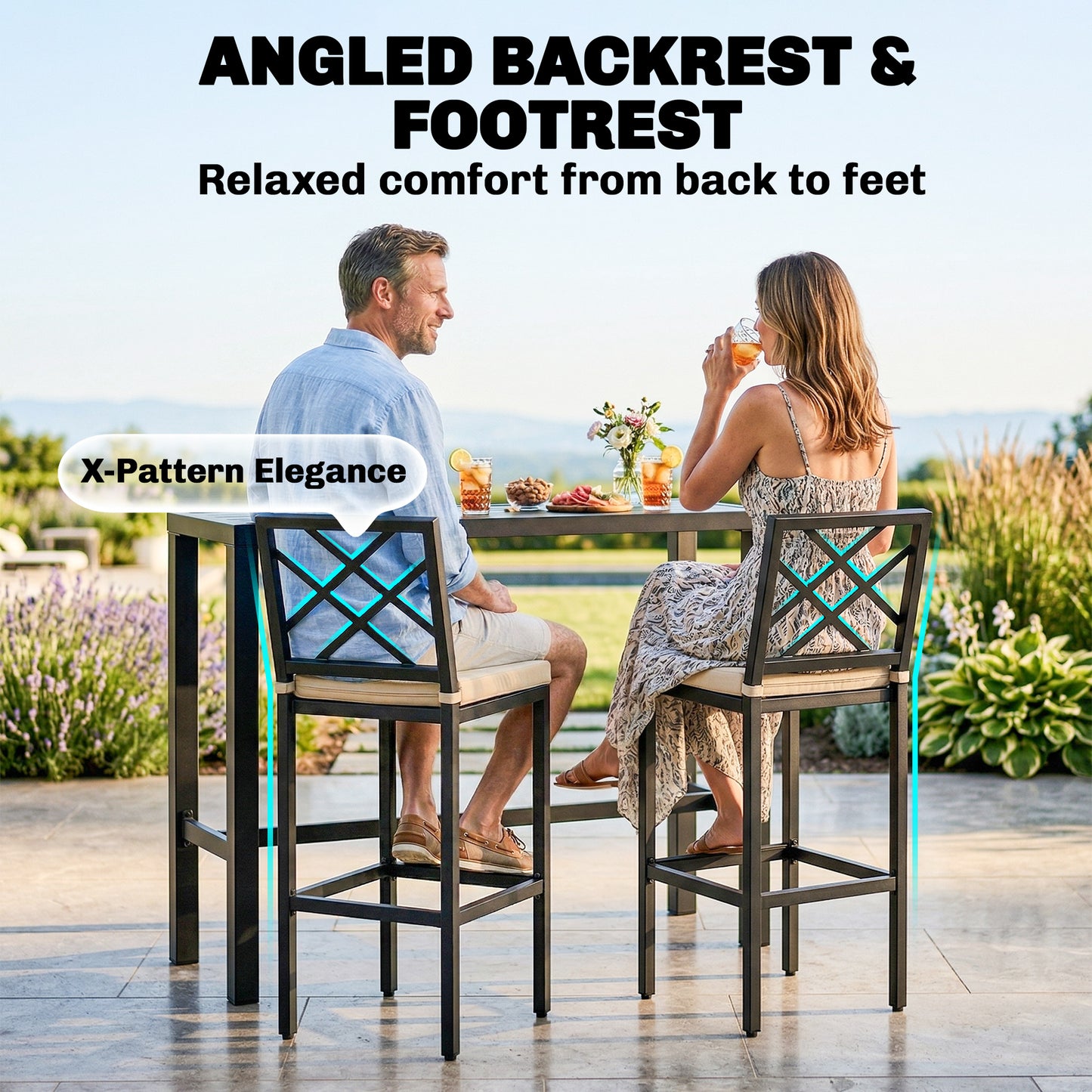3 Piece Patio Bar Set, Outdoor Bar Table and Stools, Electrophoresis Steel Tabletop, X Back, Footrest, Cushions, Khaki