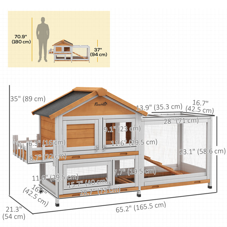 65" Yellow Wooden Rabbit Hutch with Openable Roof & Storage Box