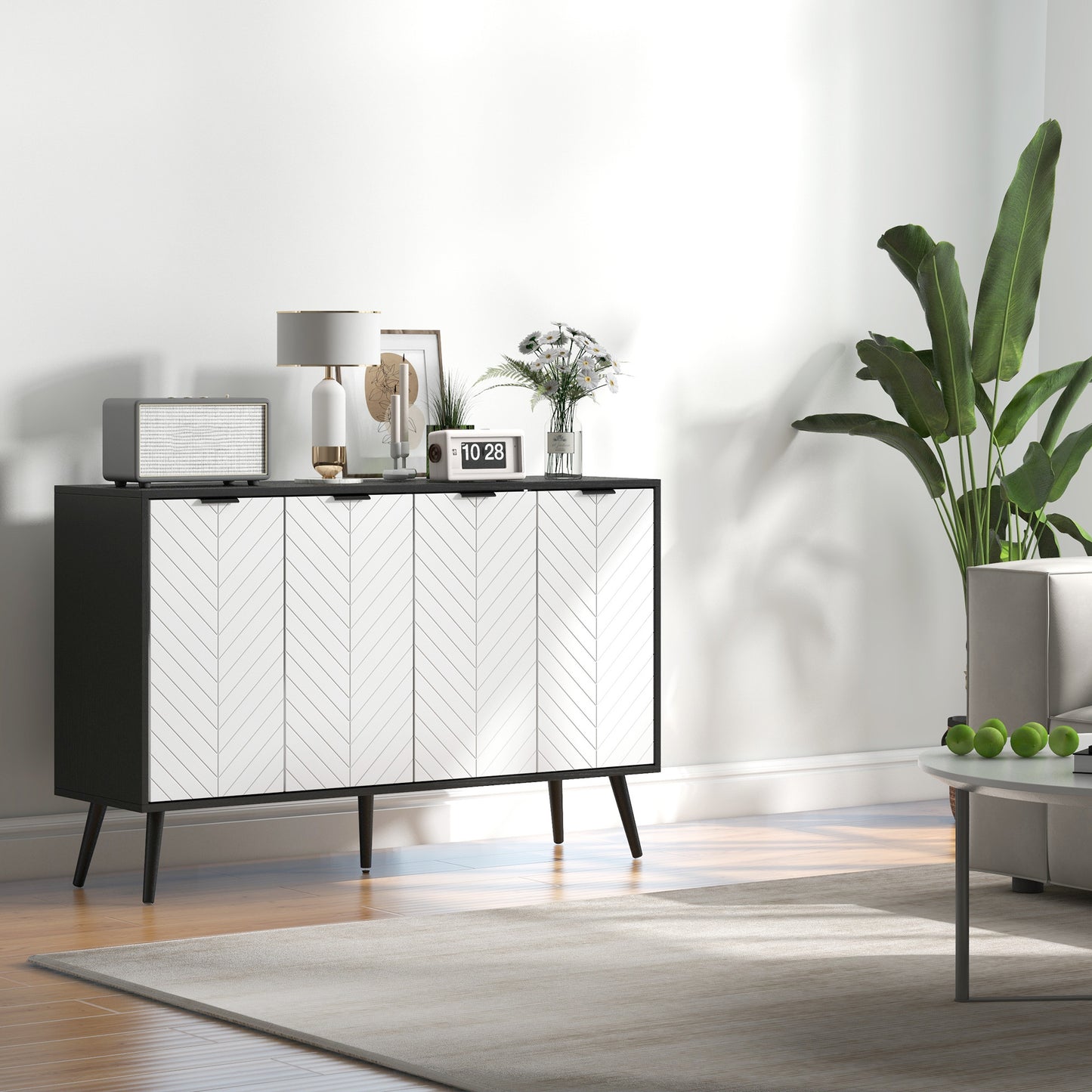 Modern Sideboard and Buffet, Dining Room Cabinet with Adjustable Shelves and 4 Doors, Black