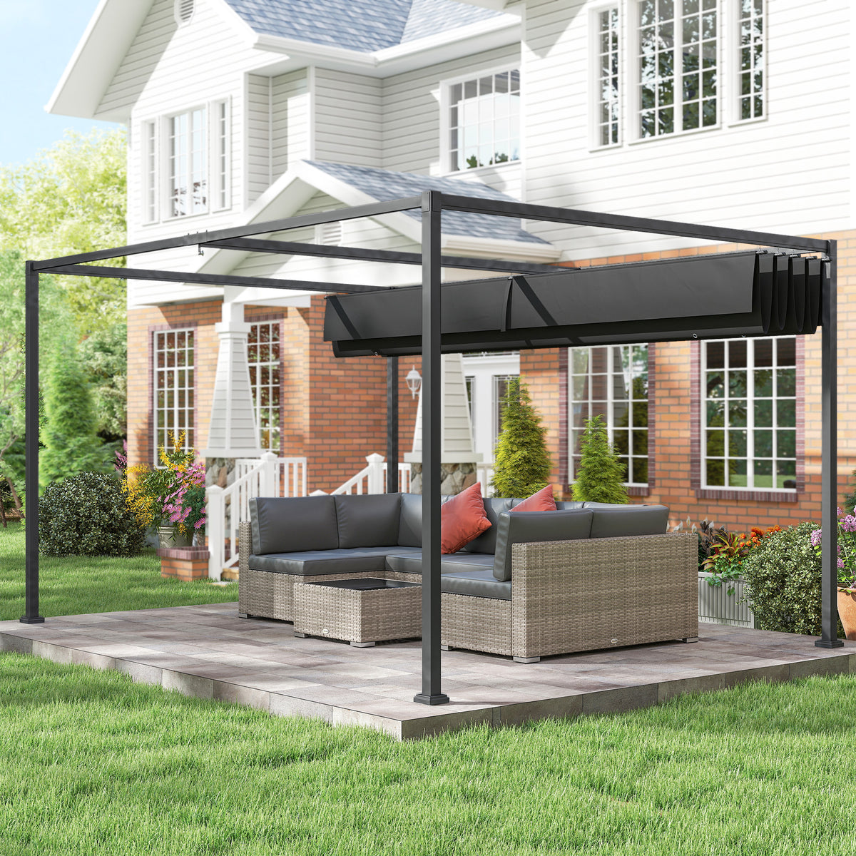 10' x 7' Black Patio Pergola with Retractable Canopy
