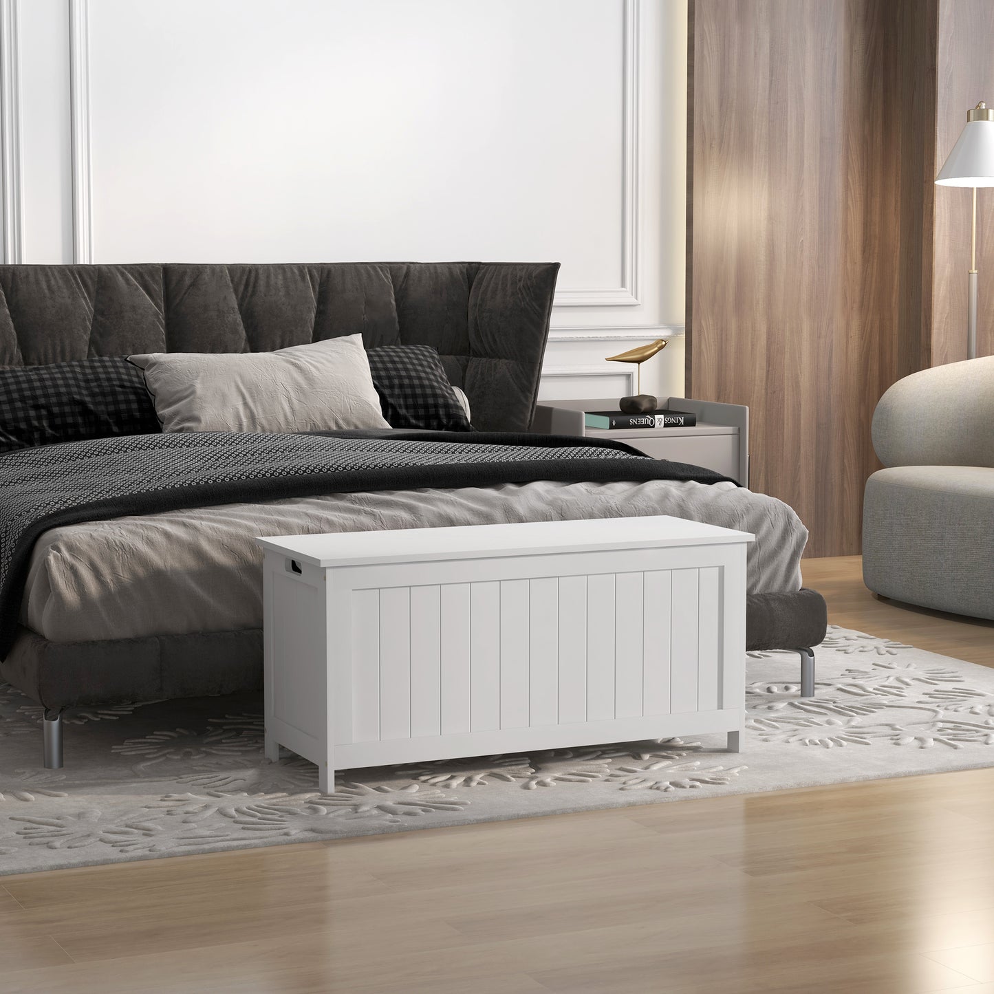 Storage Trunk with 2 Safety Hinges, Modern Entryway Bench with Side Handles, Storage Chest for Living Room, White