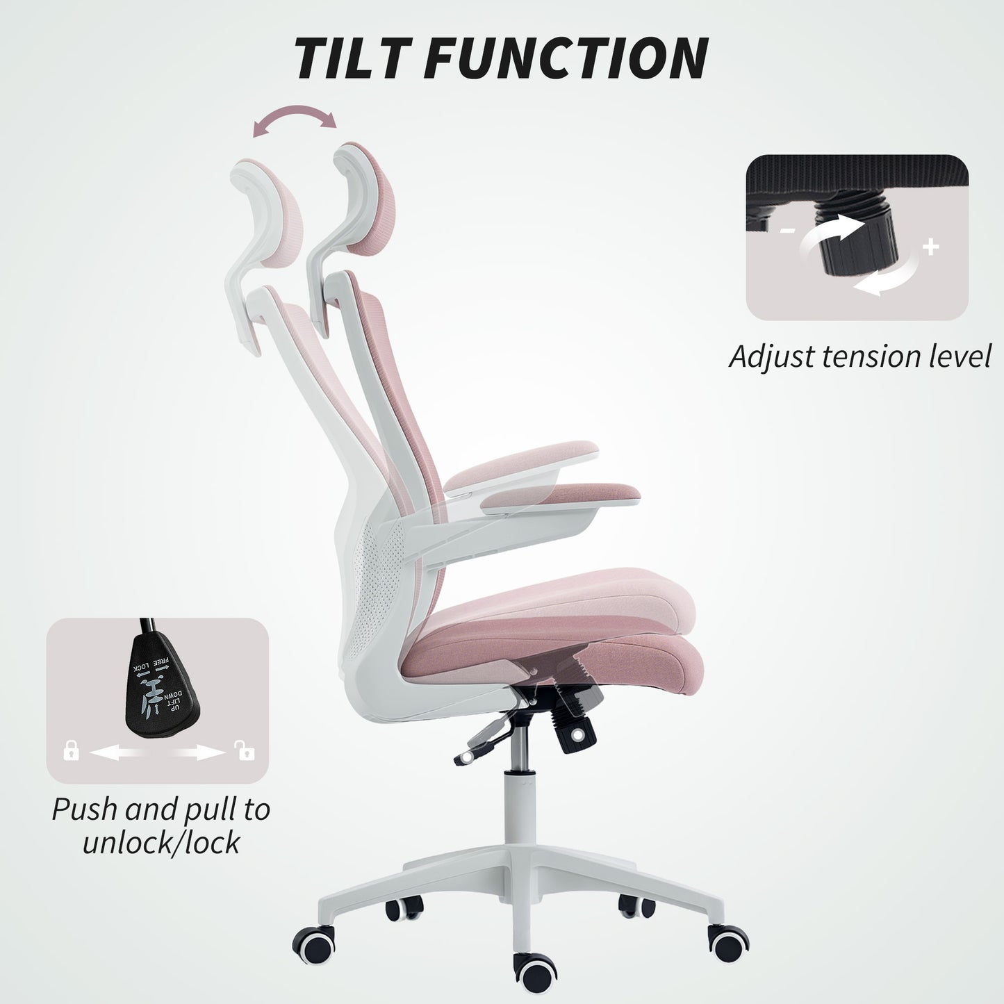 Ergonomic Office Chair, Swivel Desk Chair with Adjustable Lumbar Support, Headrest and Height, Flip-up Armrests, Pink