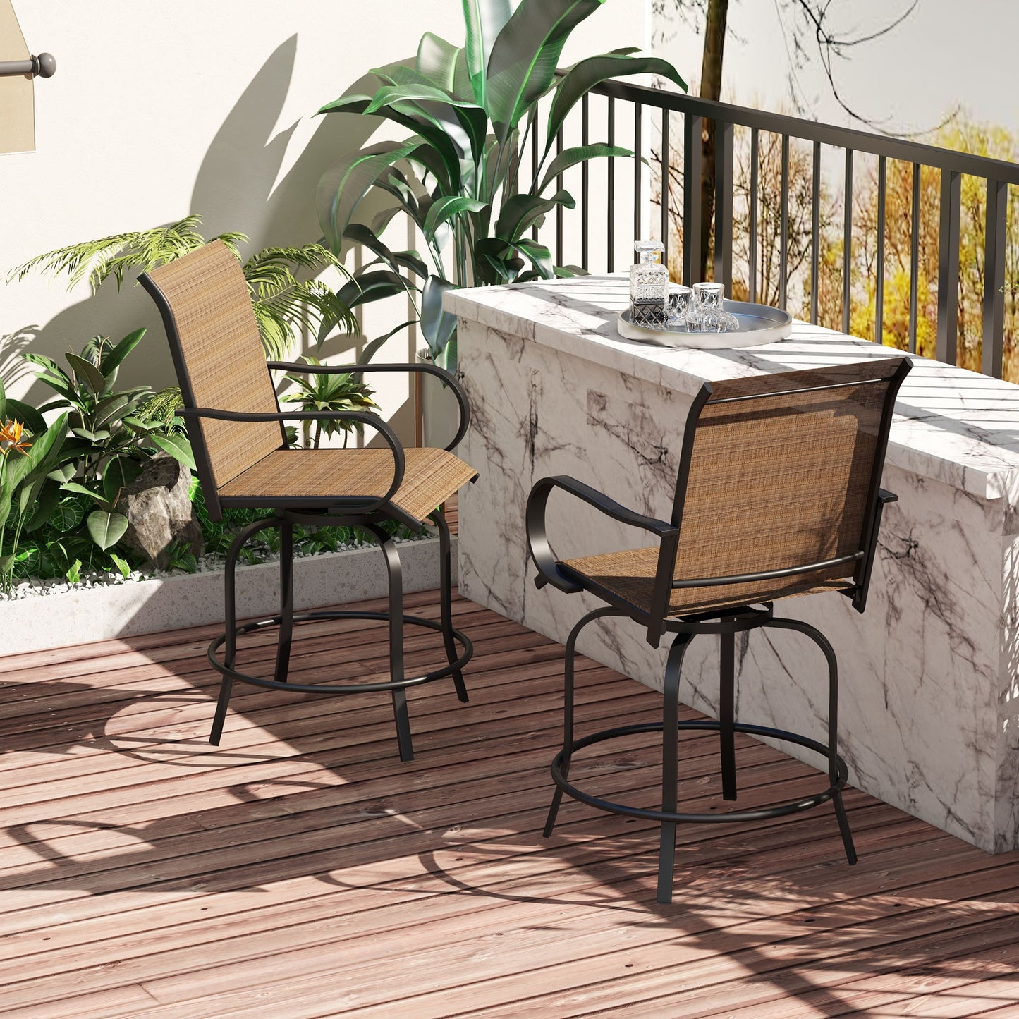 Outdoor Bar Stools Set of 2, 360° Swivel Bar Height Chairs, 26.8" x 29.5" x 48.4", Tan