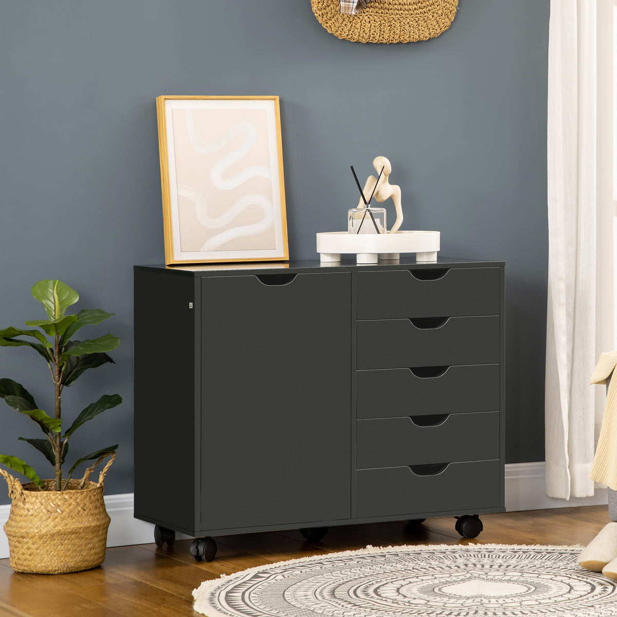 Lateral Filing Cabinet, 5-Drawers File Cabinet with Door and Adjustable Shelf, Mobile Office Storage Cabinet on Wheels, Printer Stand for Home Office, Black