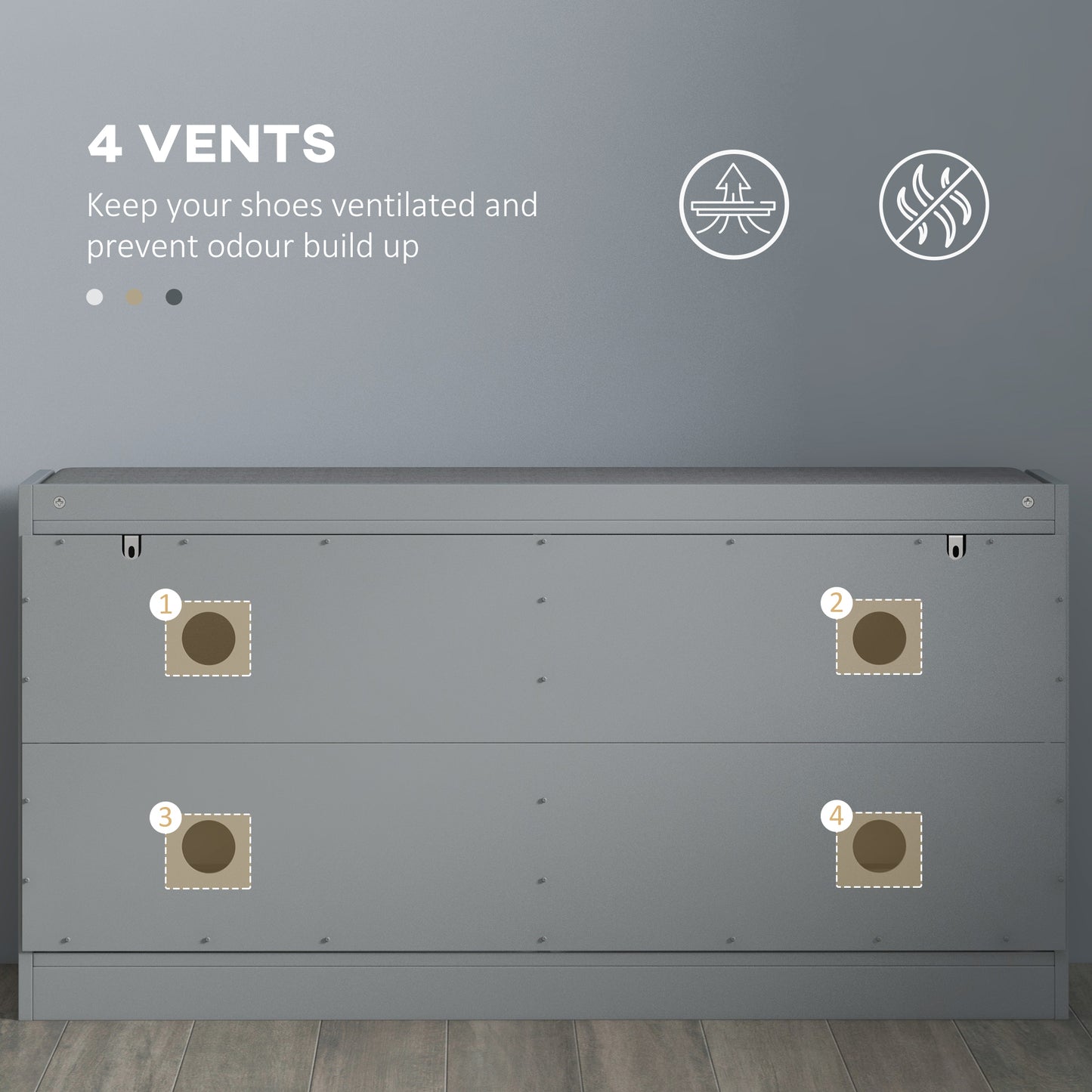 Shoe Storage with Seat, Upholstered Hallway Bench, Shoe Bench with 2 Flip Drawers and 4 Vents for 8 Pairs of Shoes