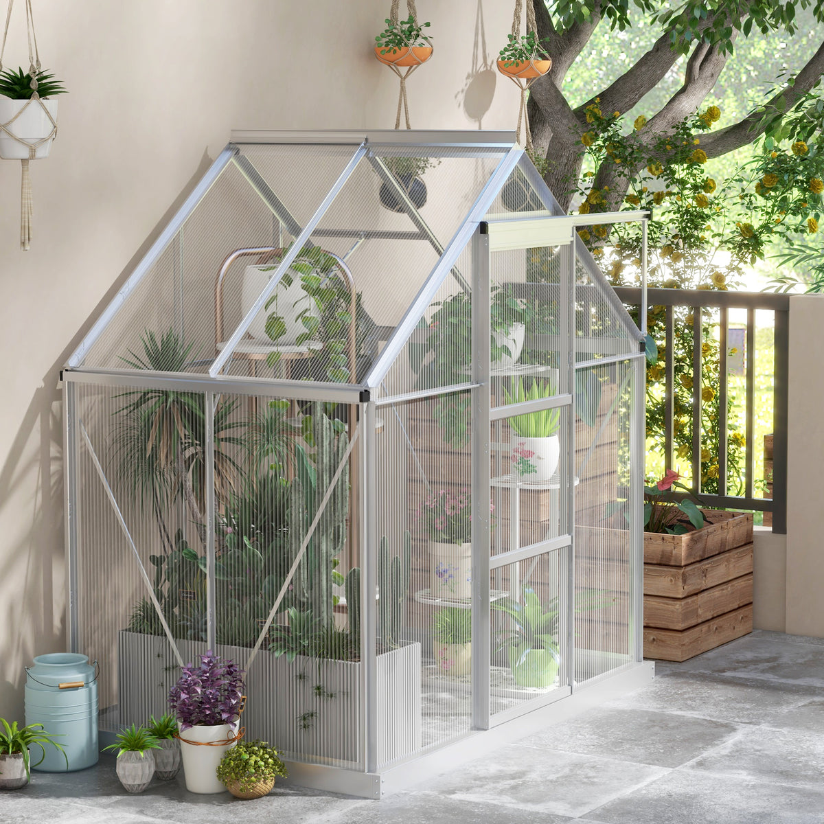 Walk-In Greenhouse, Polycarbonate Greenhouse with Sliding Door, Window, Aluminium Frame, Foundation, Silver - 6' x 4'