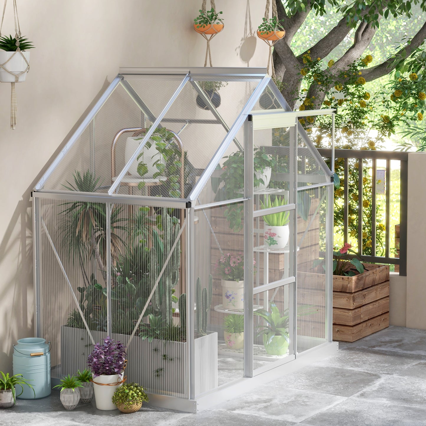 Walk-In Greenhouse, Polycarbonate Greenhouse with Sliding Door, Window, Aluminium Frame, Foundation, Silver - 6' x 4'