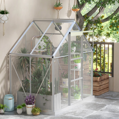 Walk-In Greenhouse, Polycarbonate Greenhouse with Sliding Door, Window, Aluminium Frame, Foundation, Silver - 6' x 4'