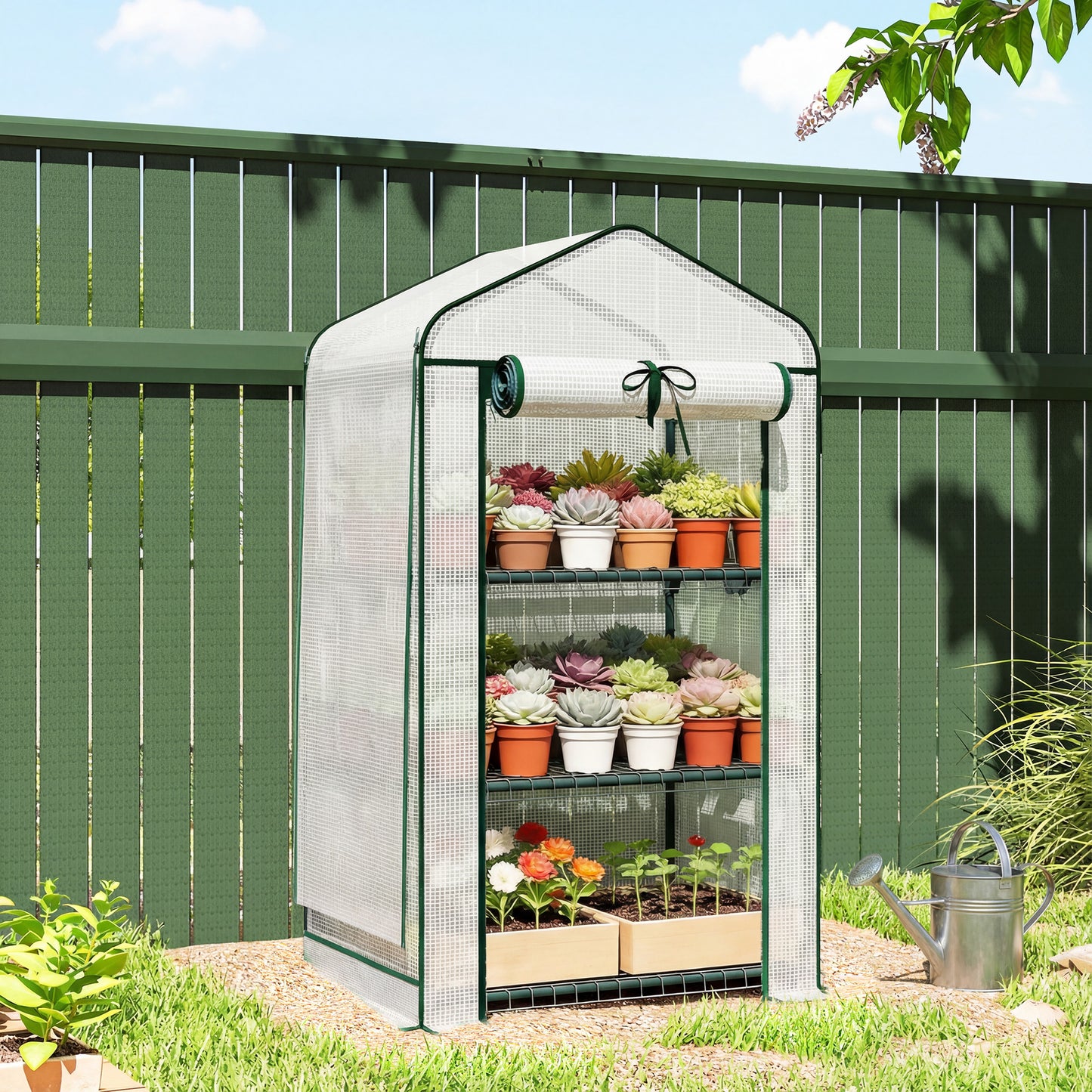Mini Greenhouse with Screen Roof, Portable Small Greenhouse with Roll-Up Zipper Door
