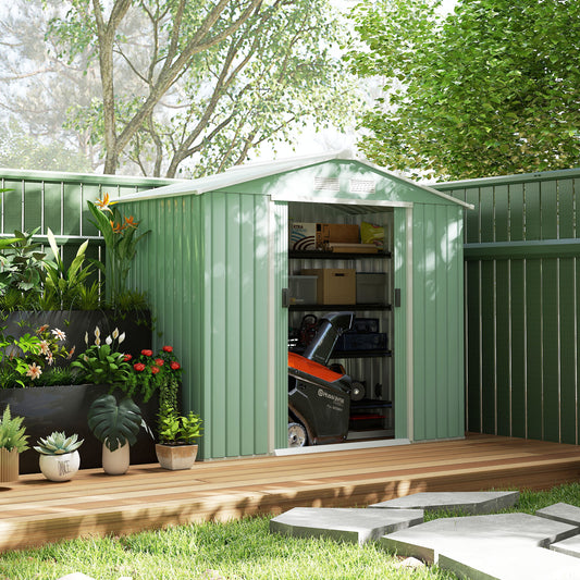 7' x 4' x 6' Garden Storage Shed Outdoor Patio Metal Tool Storage House w/ Foundation Kit and Double Doors Light Green