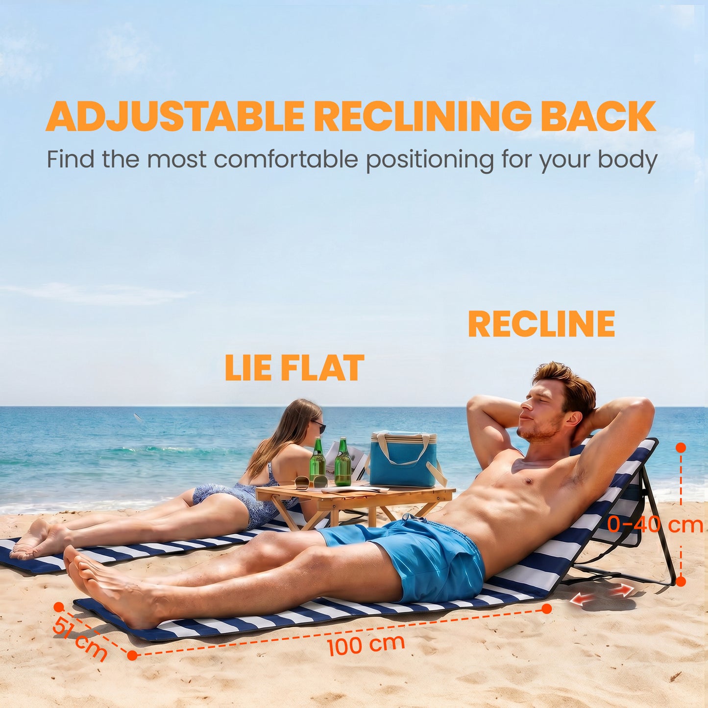 Set of 2 Foldable Lounge Chairs with Carry Bag, Adjustable Backrest, Blue and White