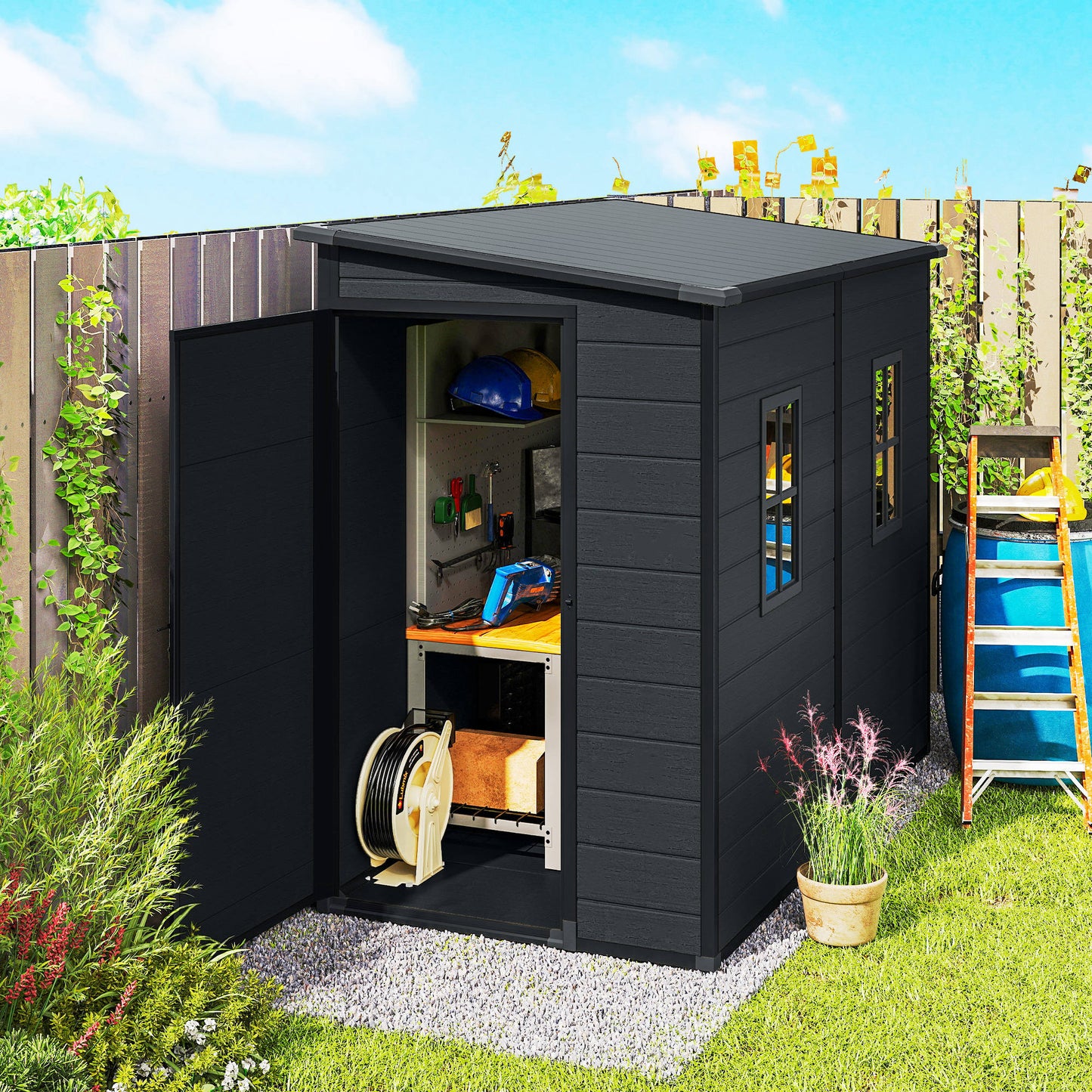 4.3' x 8' Outdoor Storage Shed with Floor, Garden Shed with Lockable Doors and Windows, Dark Grey