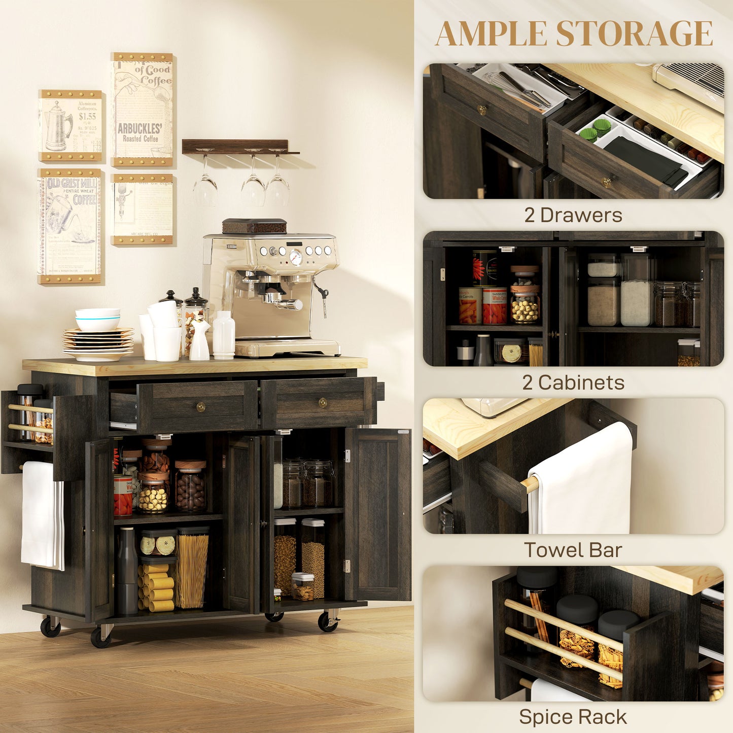 Kitchen Island with Storage, Rolling Trolley Cart with Rubber Wood Top, Spice Rack, Towel Rack, Brown Oak