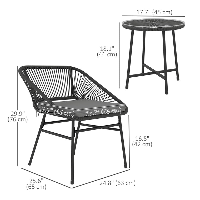 3-Piece Wicker Bistro Set with Glass Top Table - Black