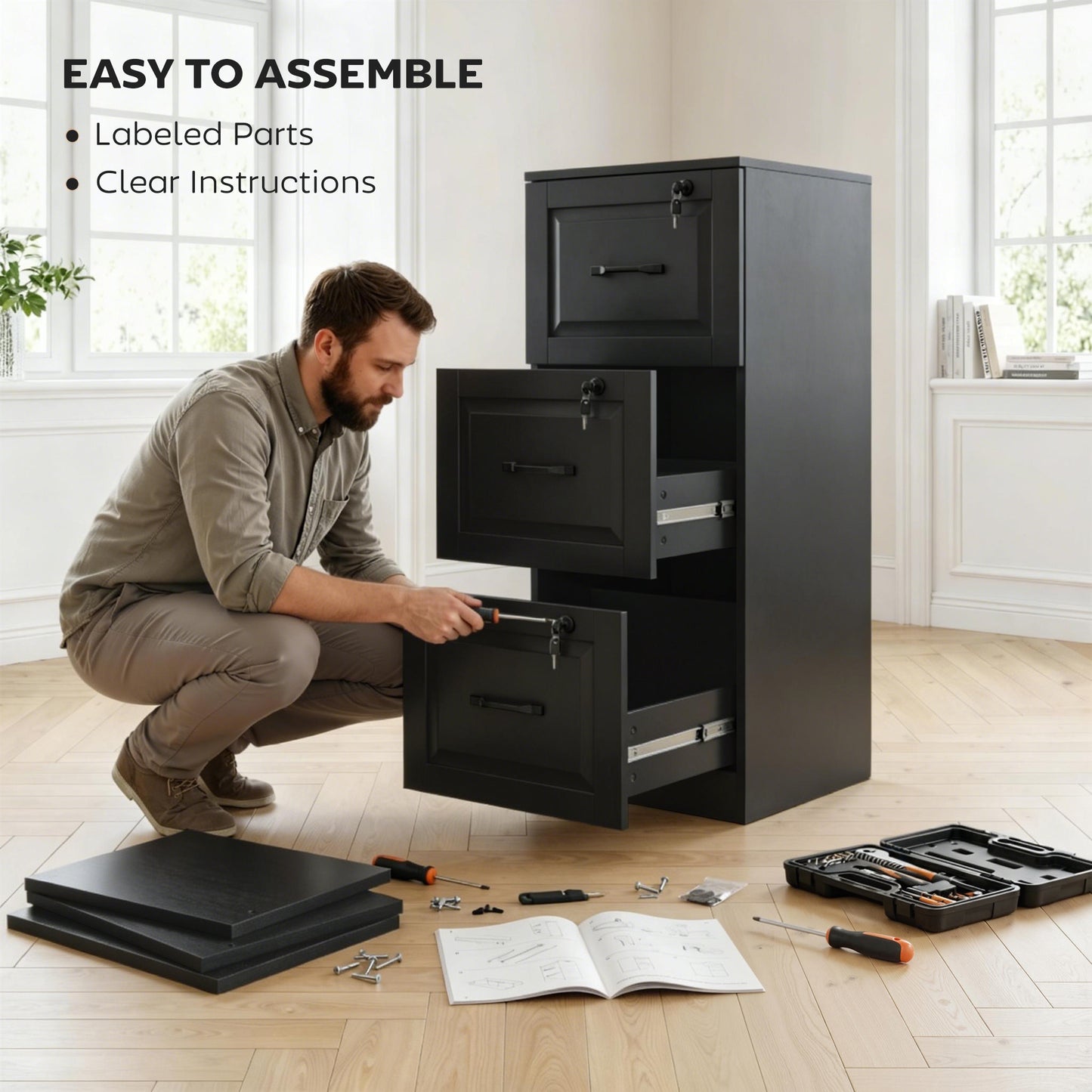 3 Drawer File Cabinet with Lock, Vertical Filing Cabinet with Adjustable Hanging Bars for A4 and Letter Size, Black