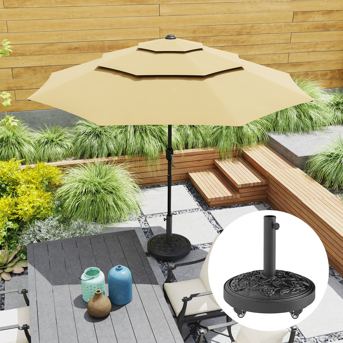 Black Resin Round Umbrella Base, 46 lbs with Wheels