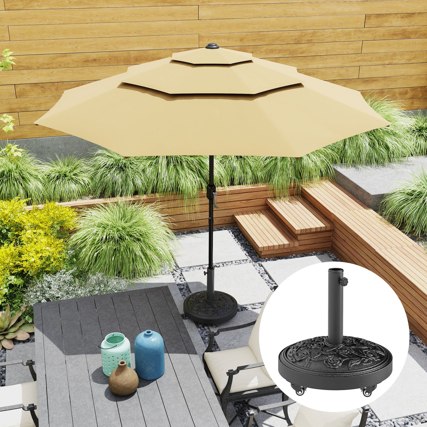 Black Resin Round Umbrella Base, 46 lbs with Wheels