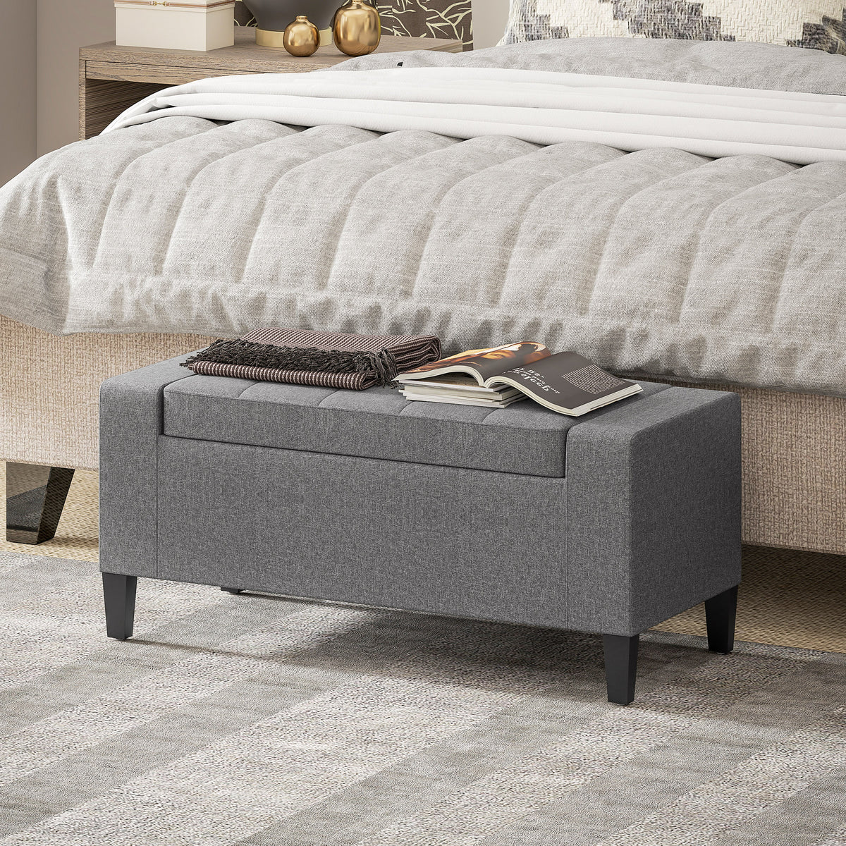 36" Storage Ottoman Bench, Linen-Look Fabric End of Bed Bench with Solid Wood Frame and Legs, Tufted Storage Chest, Footrest for Living Room, Bedroom, Entryway, Grey