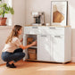 Sideboard Buffet Cabinet, Modern 40" Coffee Bar Cabinet with Wide Drawer, 3 Doors and 2 Adjustable Shelves, White