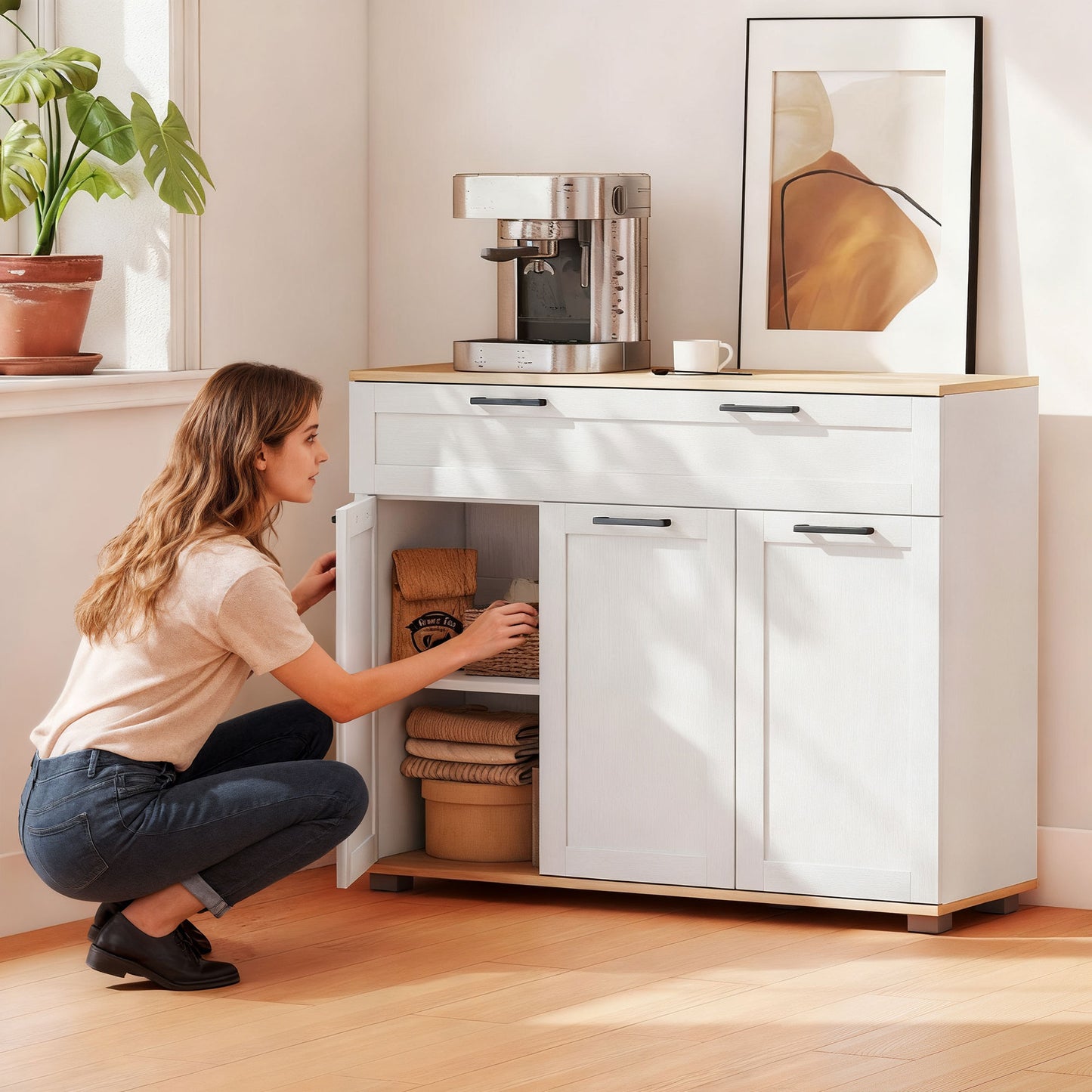 Sideboard Buffet Cabinet, Modern 40" Coffee Bar Cabinet with Wide Drawer, 3 Doors and 2 Adjustable Shelves, White