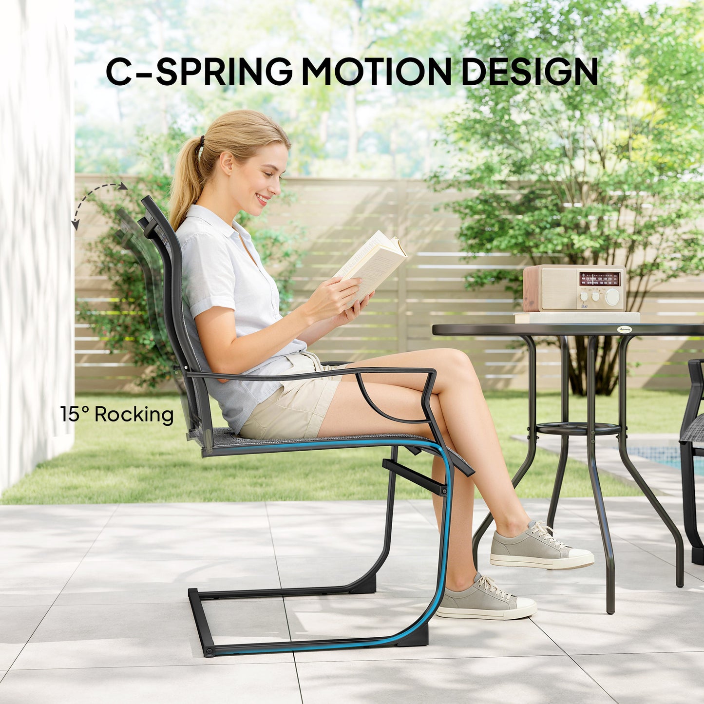 C Spring Motion Patio Chairs Set of 2 with Curved High Backrest, Armrest, All Weather Breathable Fabric, Metal Frame
