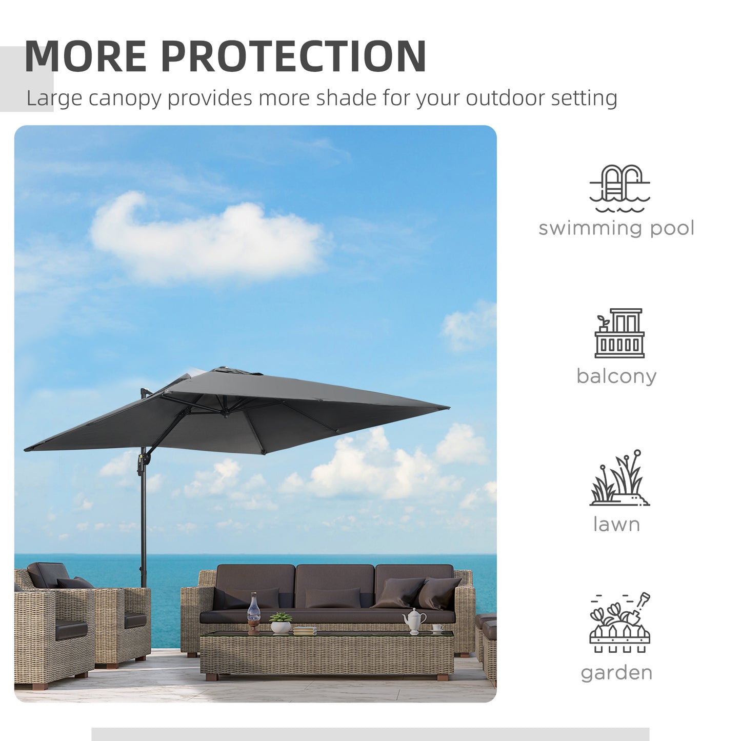 9ft Dark Grey Square Cantilever Umbrella with Cross Base & Tilt