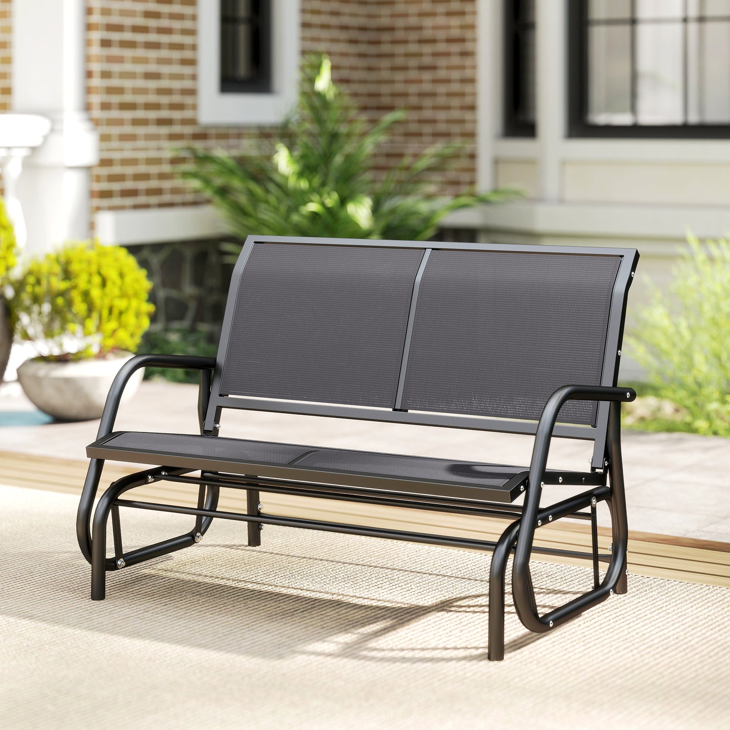Patio Double Glider Outdoor Steel Sling Fabric Gliding Bench Garden Swing Chair Heavy-Duty Porch Rocker Garden Loveseat Grey