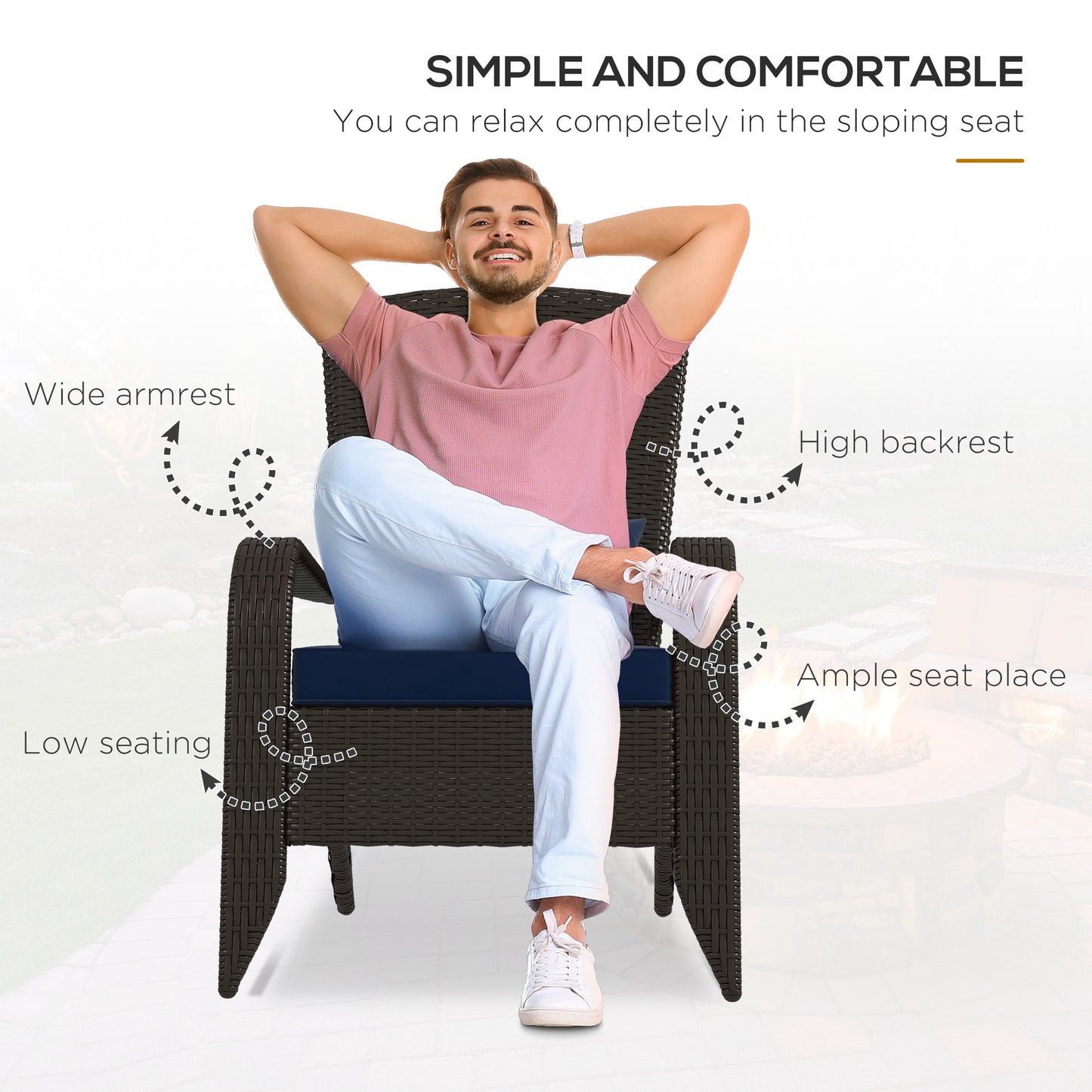 Patio Wicker Adirondack Chair, Outdoor Rattan Muskoka Chair with Cushions for Patio, Garden, Backyard Dark Blue