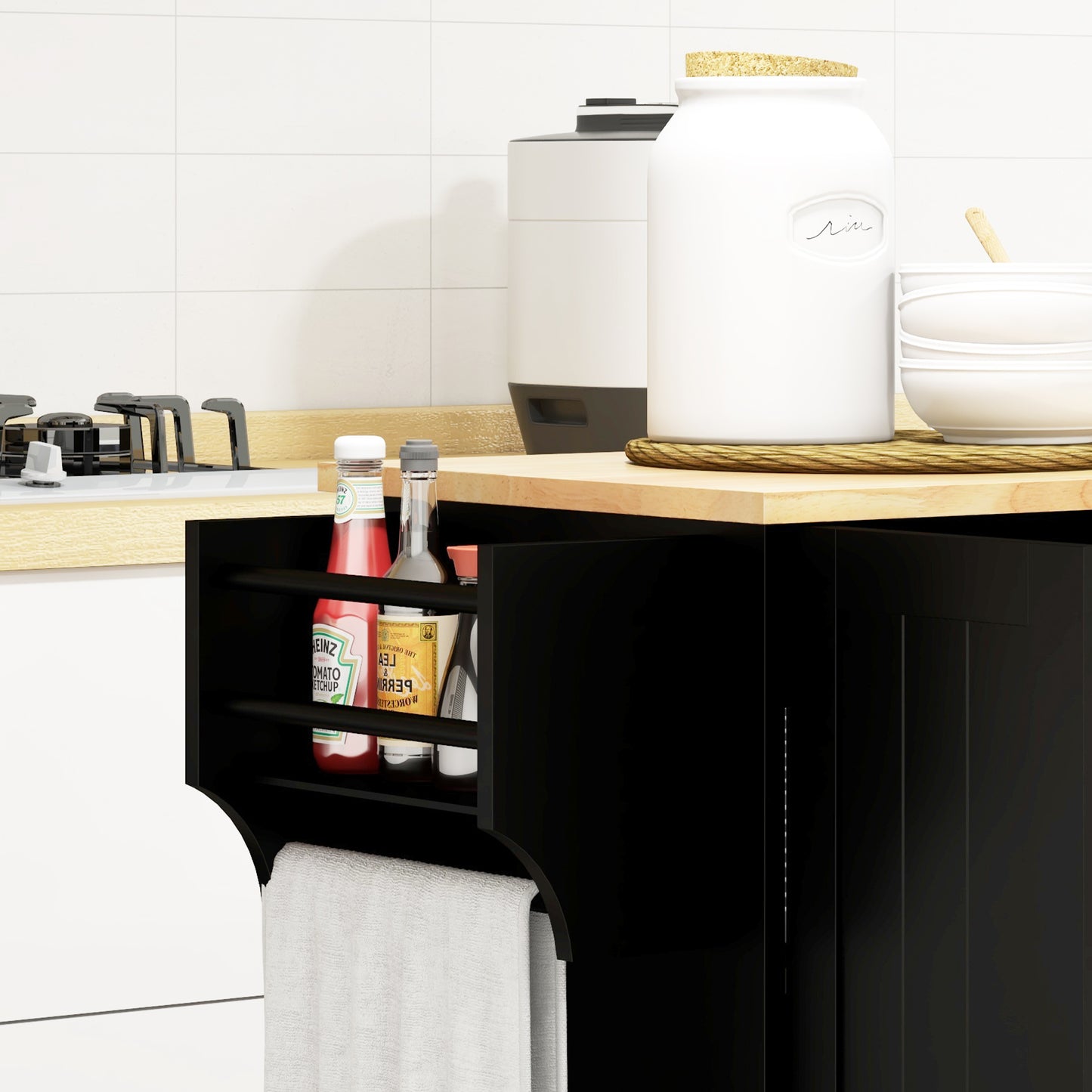Modern Rolling Kitchen Island Cart with Drawers, Natural Wood Top, Towel Rack, Door Storage Cabinet, Black