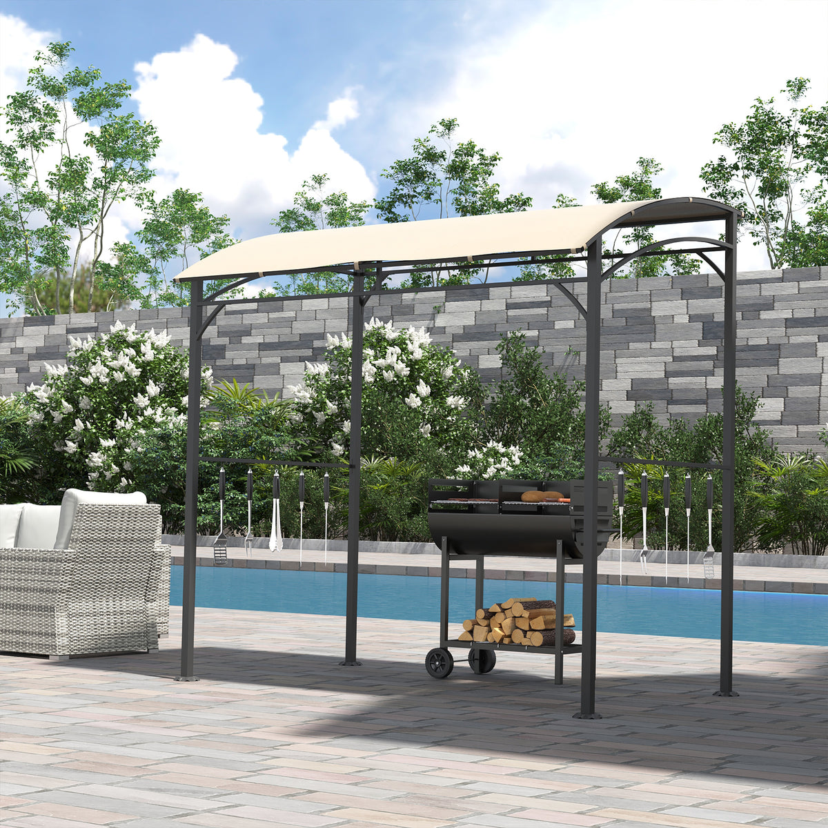 7' x 5' BBQ Grill Gazebo Tent, Garden Grill Canopy with Steel Frame and Hooks, Outdoor Sun Shade, Beige