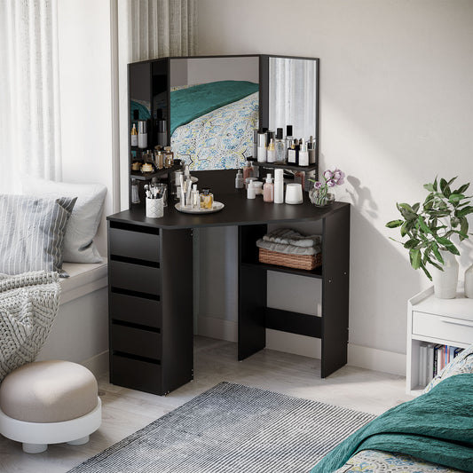 Corner Vanity Desk with Mirror and 5 Drawers