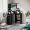 Corner Vanity Desk with Mirror, Makeup Vanity Table with 5 Drawers and Open Shelves, Dressing Table with 3-piece Mirror for Bedroom, Black