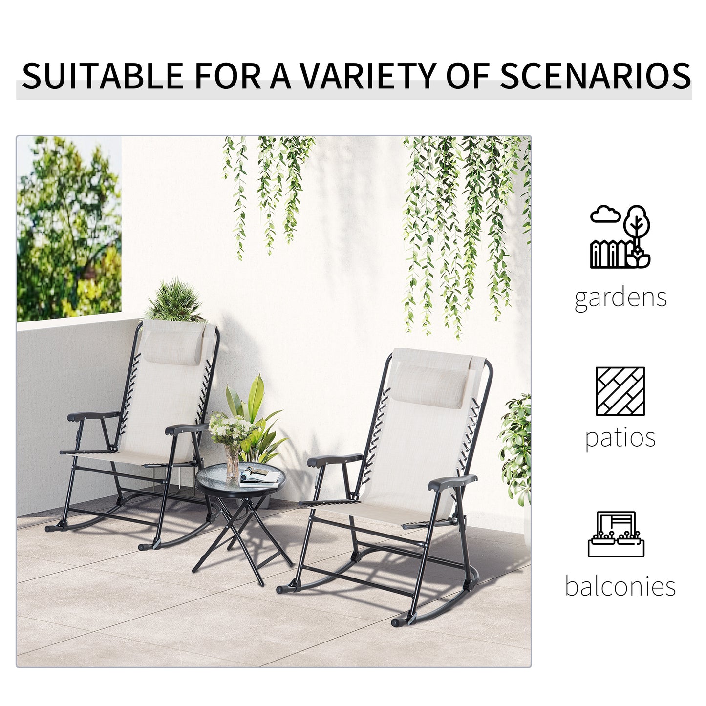 3pc Patio Rocking Chair Set, Folding Outdoor Rocking Chairs and Table Bistro Set w/ Breathable Mesh Seat & Backrest, Headrest for Park, Backyard, Garden, Grey