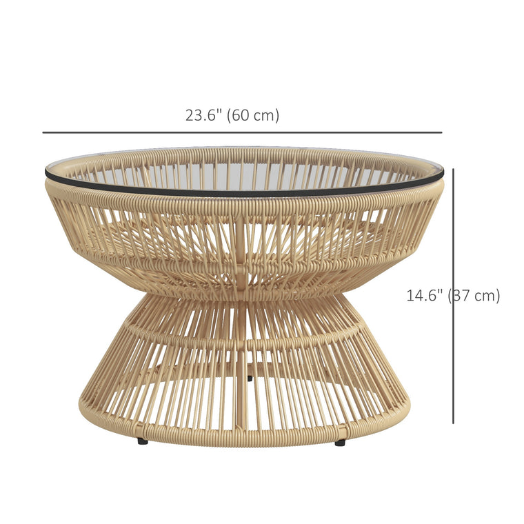 Rattan Coffee Table with Glass Top and Steel Frame