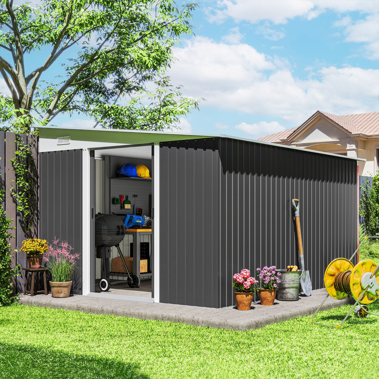 11' x 9' Steel Garden Storage Shed, Outdoor Metal Tool House with Double Sliding Doors, Dark Grey