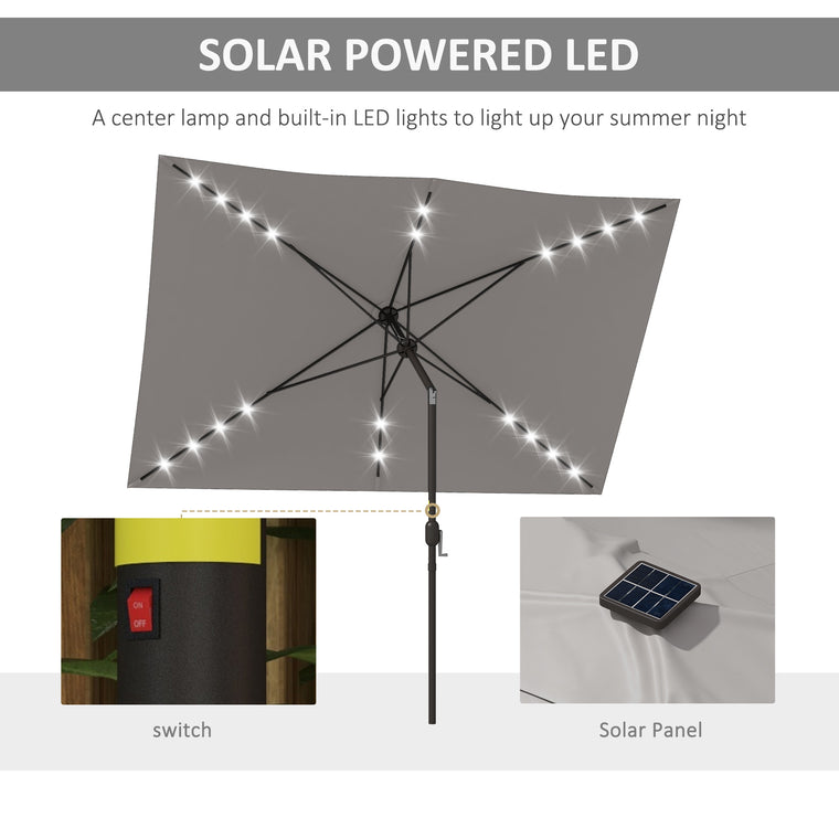 6.5x10ft Light Grey Aluminum Market Parasol with Solar LEDs