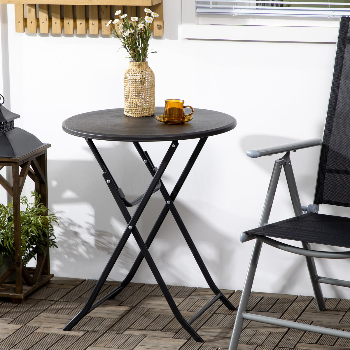 Folding Outdoor Coffee Table, 23.6" Round Patio Table with Wood-Effect HDPE Top for Balcony, Garden, Backyard, Dark Grey