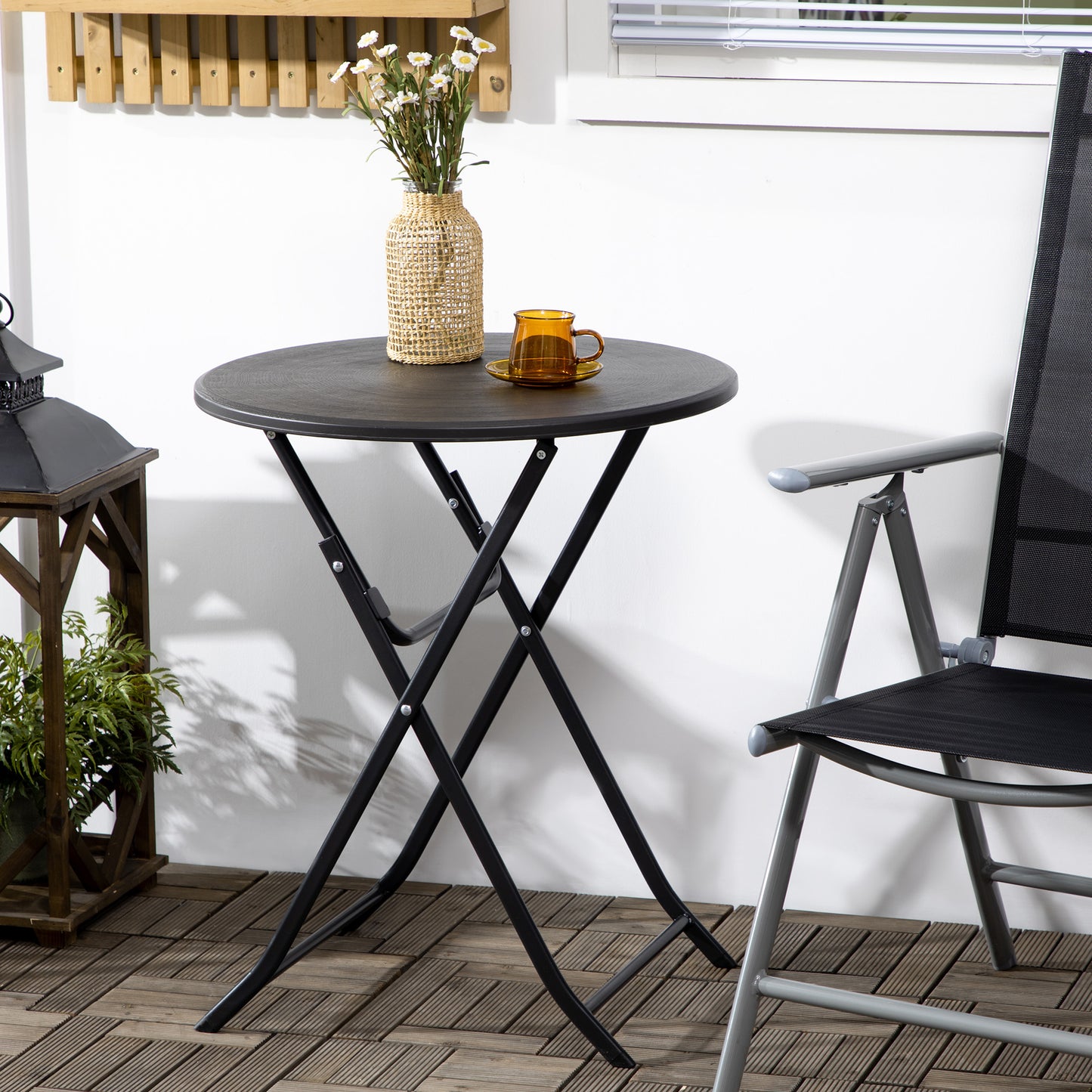 Folding Outdoor Coffee Table, 23.6" Round Patio Table with Wood-Effect HDPE Top for Balcony, Garden, Backyard, Dark Grey