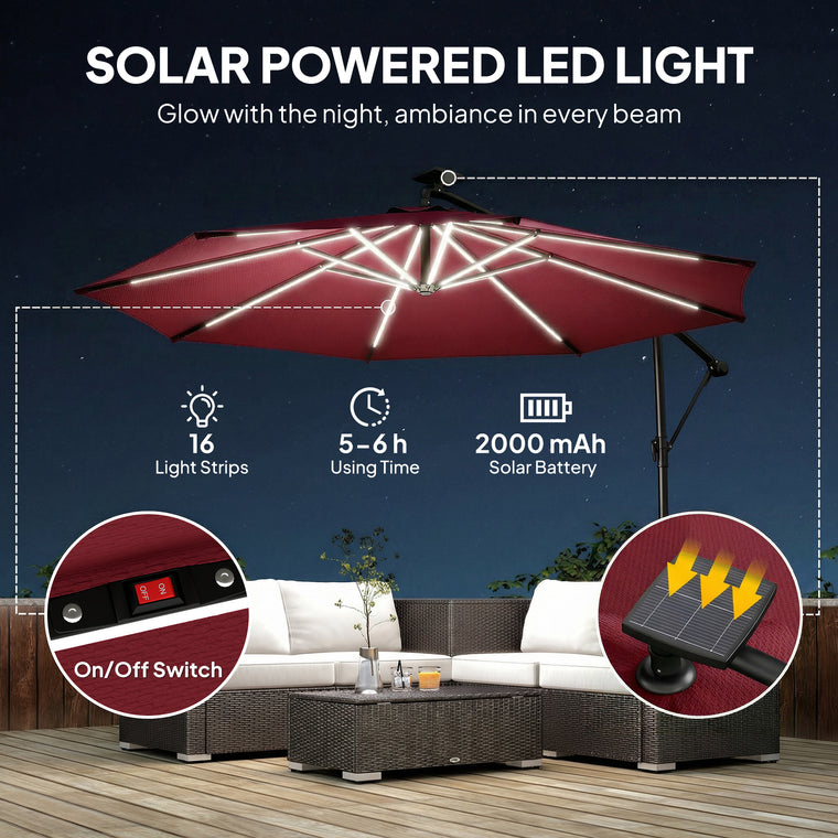 10' Wine Red Offset Umbrella with Solar Light & 360° Rotation
